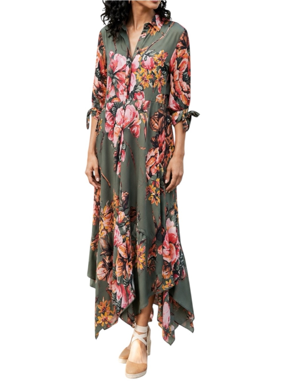 Soft Surroundings Provencia Green Floral Handkerchief Hem Midi Maxi Dress Small